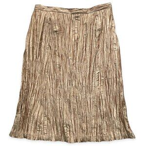 Terramina Pleated Crinkle Gold Bronze Midi Skirt 22 Lined Metallic USA Vintage